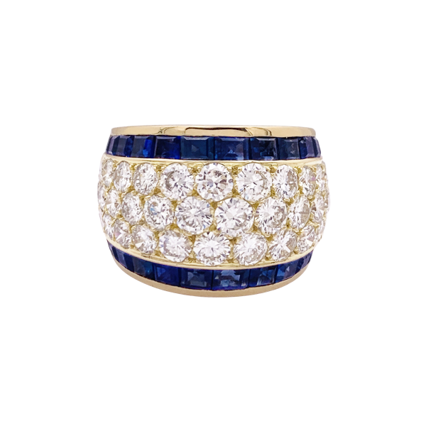 Bague vintage or jaune, diamants, saphirs calibrés.