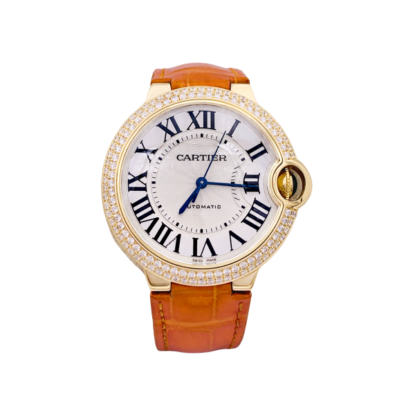 Montre Cartier "Ballon Bleu" or jaune, diamants, cuir.