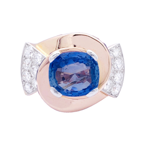Tank ring, pink gold, diamonds, sapphires.