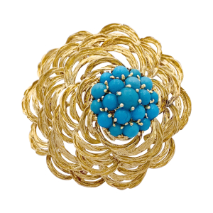 Clip vintage Cartier, or jaune et turquoises.