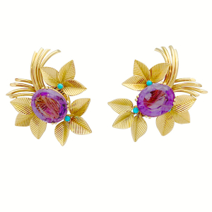 Boucles d'oreilles vintages, or jaune, améthystes, turquoises.