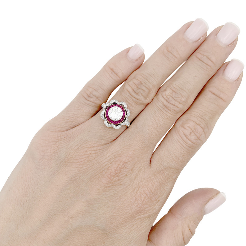 A Diamond, calibrated rubies gold and platinum antique ring.