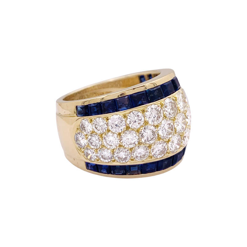 Bague vintage or jaune, diamants, saphirs calibrés.