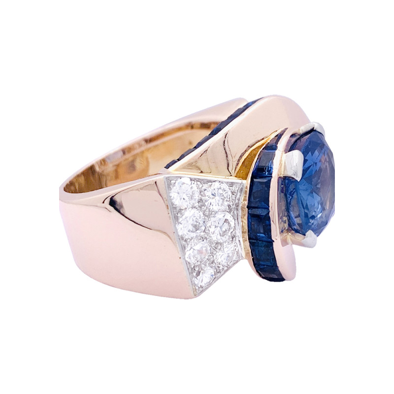 Tank ring, pink gold, diamonds, sapphires.