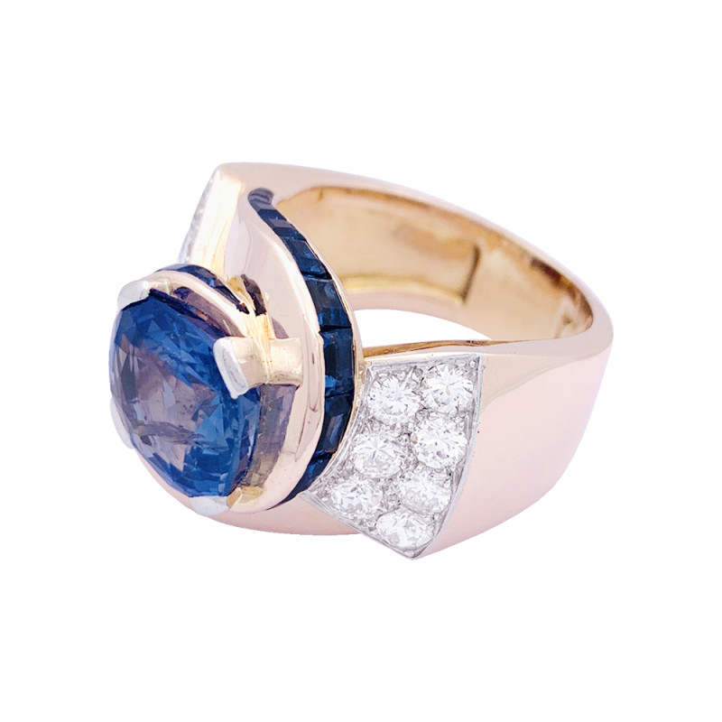 Tank ring, pink gold, diamonds, sapphires.