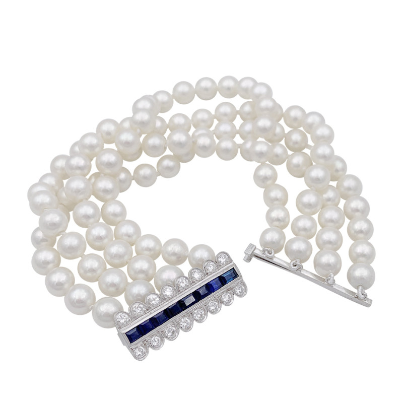 Pearls, gold, diamonds and sapphires bracelet.