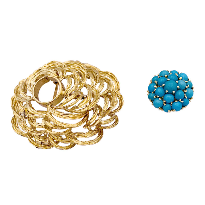 Clip vintage Cartier, or jaune et turquoises.