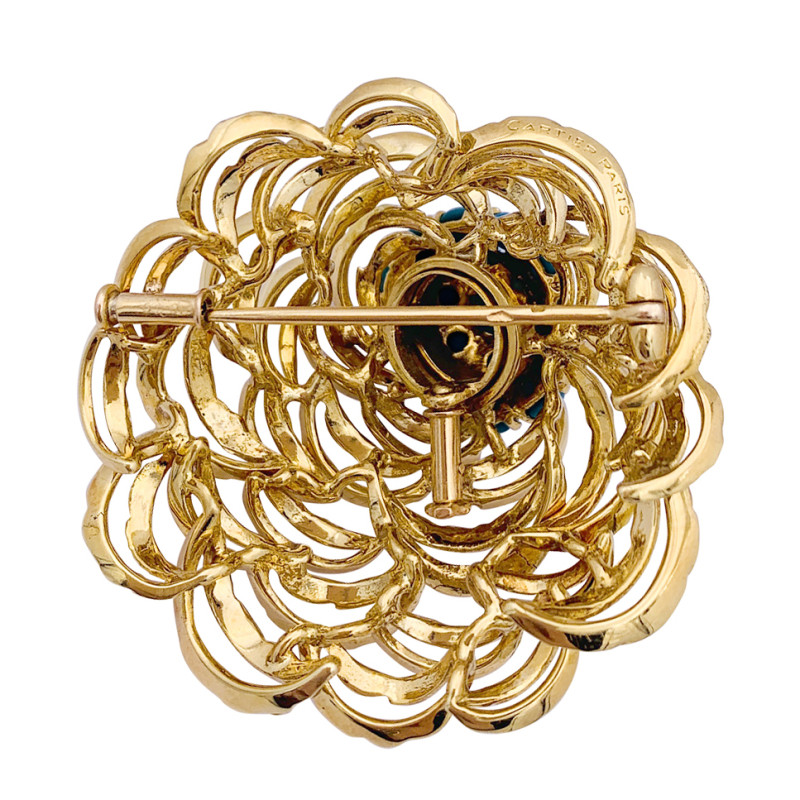 Clip vintage Cartier, or jaune et turquoises.