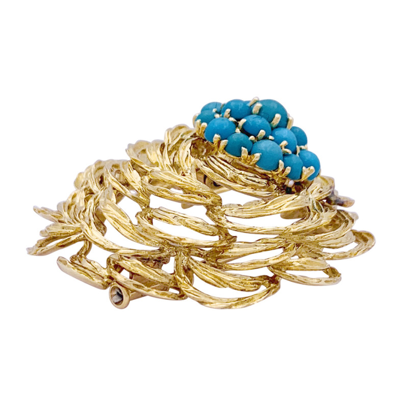 Clip vintage Cartier, or jaune et turquoises.