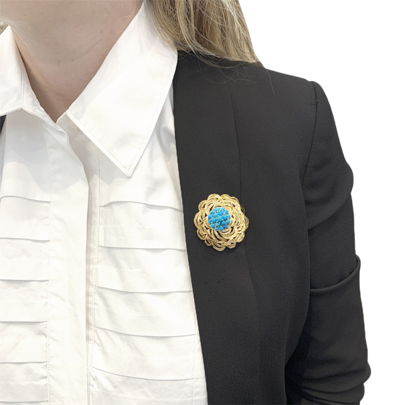 Clip vintage Cartier, or jaune et turquoises.