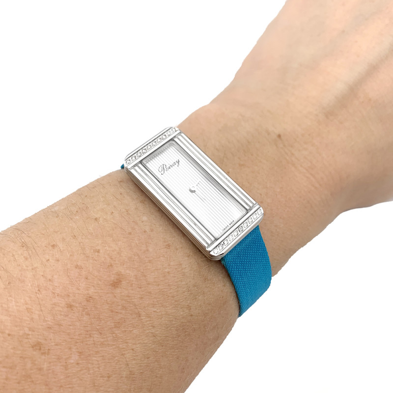 Poiray steel and diamonds watch, "Ma première Allongée" collection.