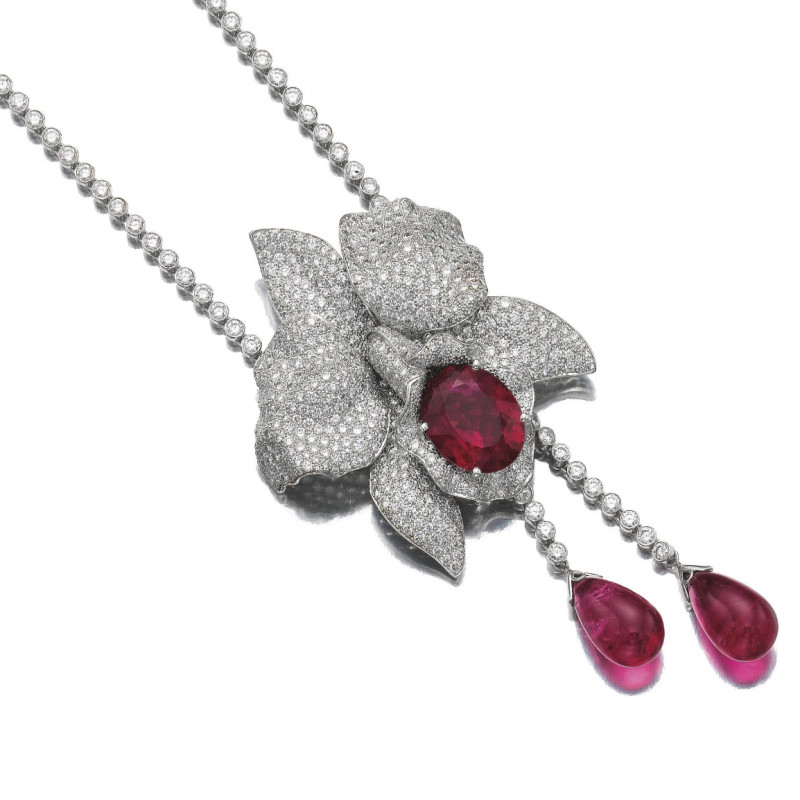 Collier Cartier "Bahamas" en platine et or blanc, diamants et rubellites.