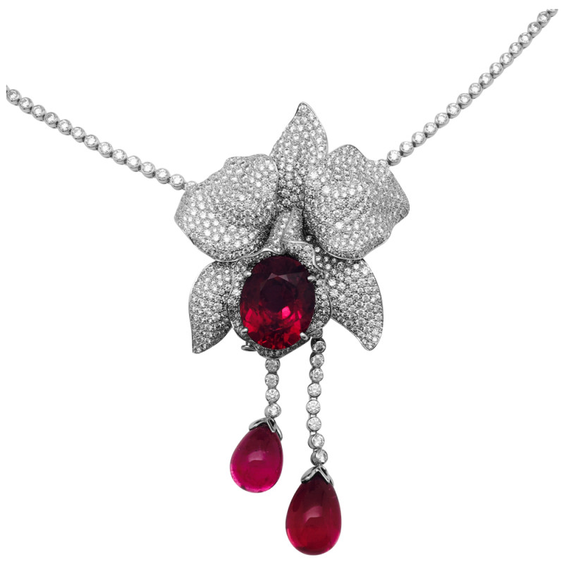 Collier Cartier "Bahamas" en platine et or blanc, diamants et rubellites.