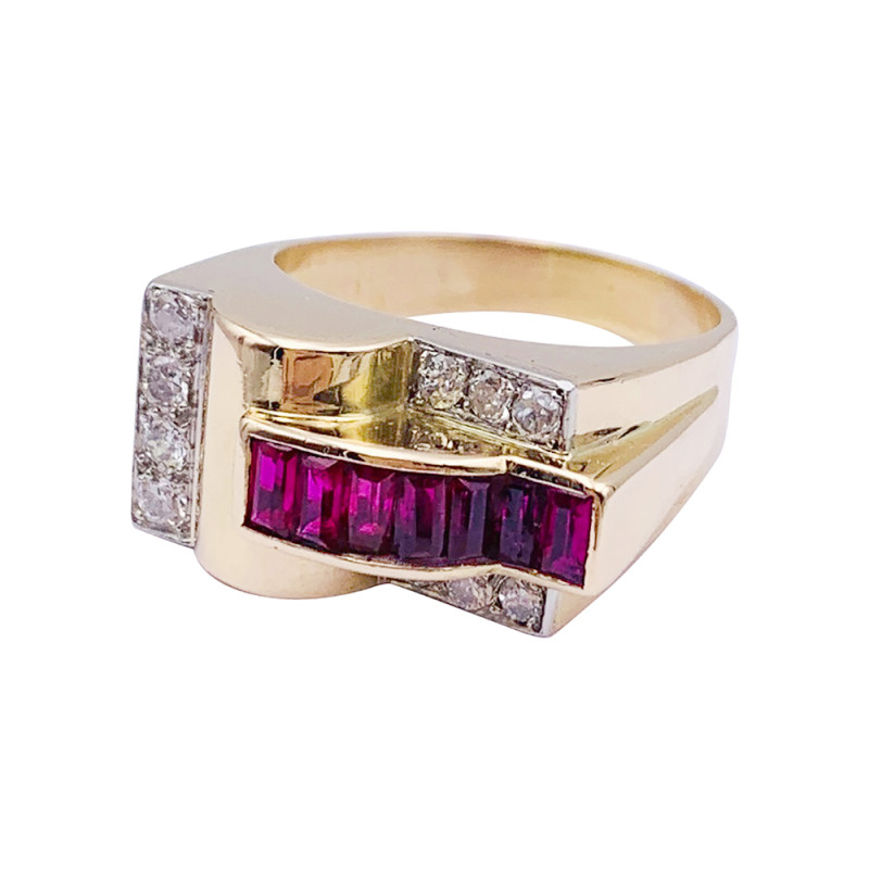 Yellow gold and platinum tank ring, synthetic rubies and diamonds.
