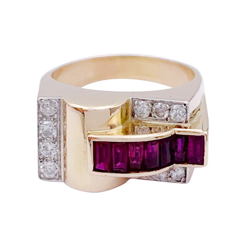 Yellow gold and platinum tank ring, synthetic rubies and diamonds.