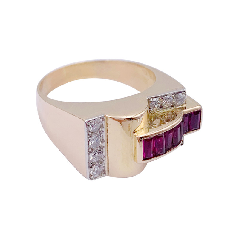 Yellow gold and platinum tank ring, synthetic rubies and diamonds.