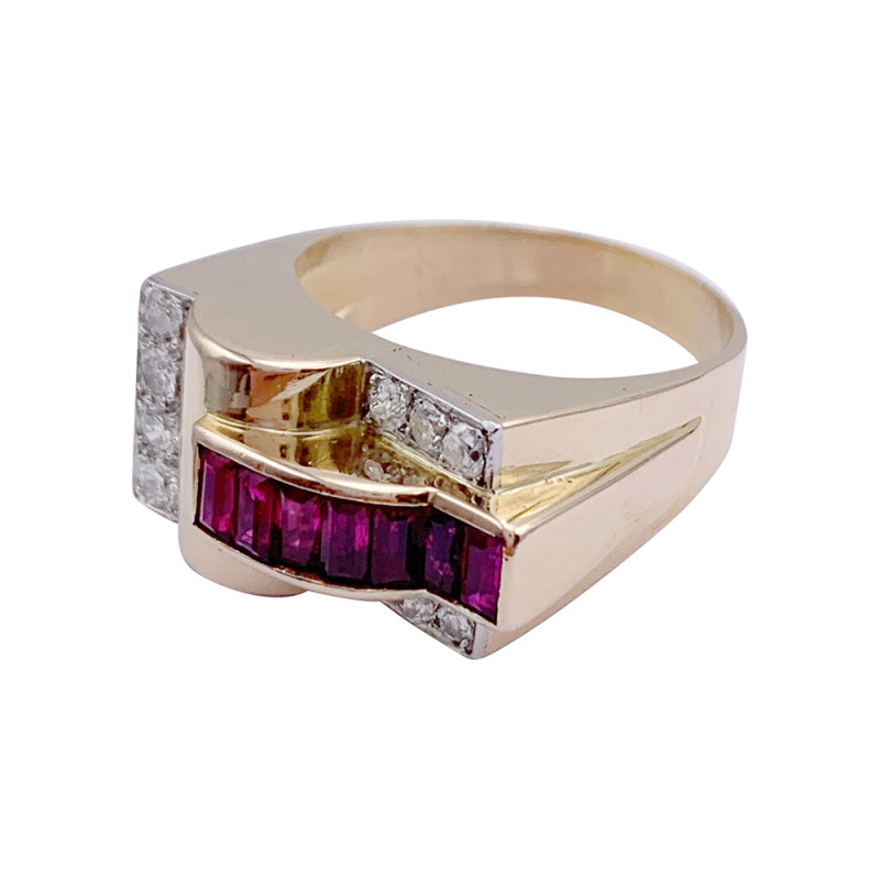 Yellow gold and platinum tank ring, synthetic rubies and diamonds.