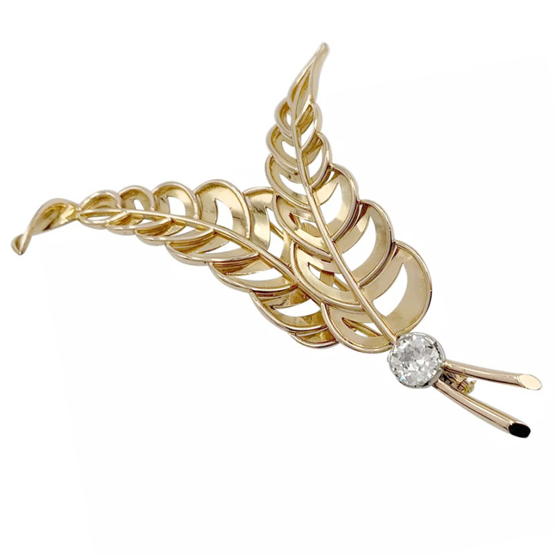 Pink gold and diamond, double leaves brooch.