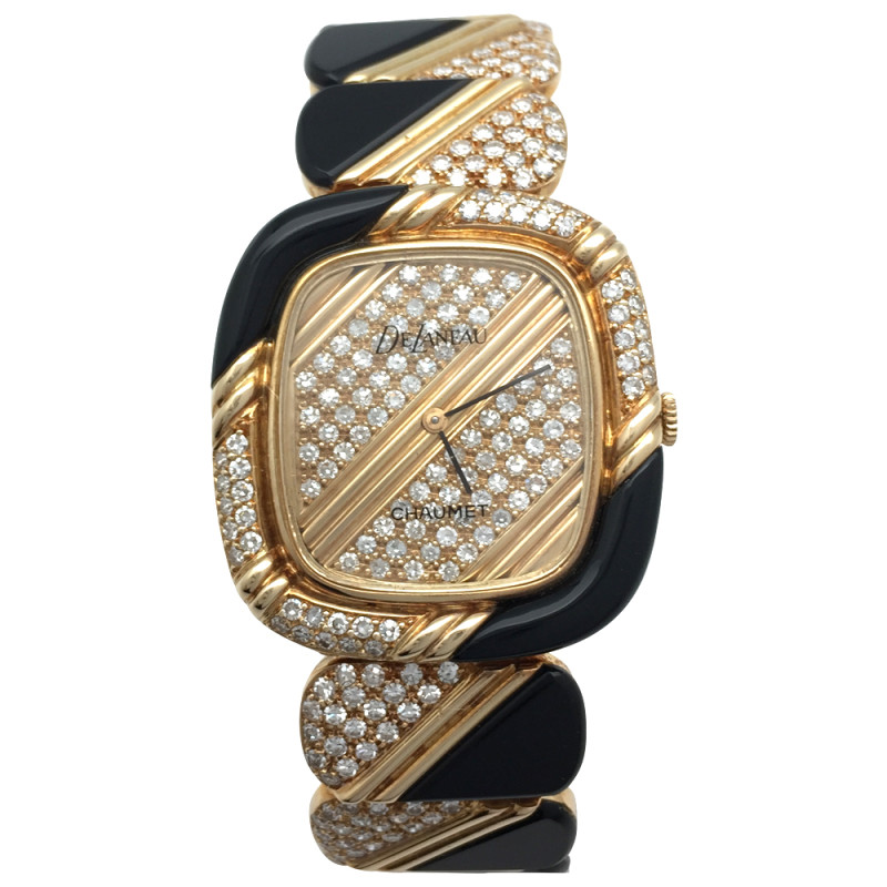 Yellow gold Chaumet, DeLaneau watch, diamonds and onyx.