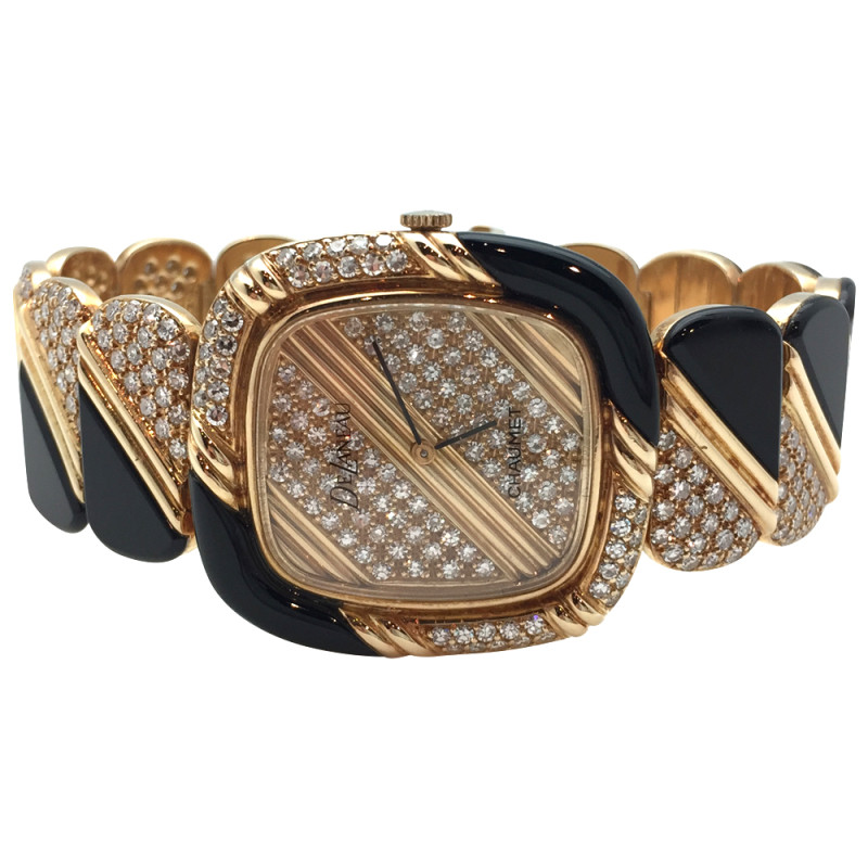 Yellow gold Chaumet, DeLaneau watch, diamonds and onyx.